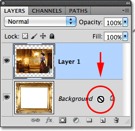 Attempting to drag Layer 1 below the Background layer in the Layers panel. Image © 2011 Photoshop Essentials.com