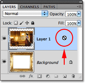 Attempting to drag the Background layer above Layer 1 in the Layers panel. Image © 2011 Photoshop Essentials.com