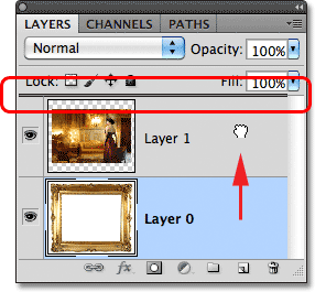 Dragging Layer 0 above Layer 1 in the Layers panel. Image © 2011 Photoshop Essentials.com