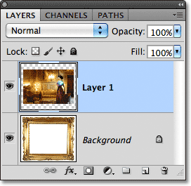 The Layers panel showing the photo added above the Background layer. Image © 2011 Photoshop Essentials.com