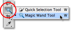 Selecting the Magic Wand Tool from the Tools panel in Photoshop. Image © 2011 Photoshop Essentials.com