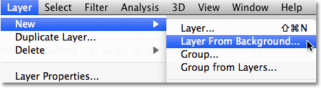 The New Layer From Background command in Photoshop. Image © 2011 Photoshop Essentials.com