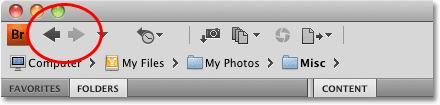 The Back and Forward browse buttons in Adobe Bridge CS4. Image © 2010 Photoshop Essentials.com.