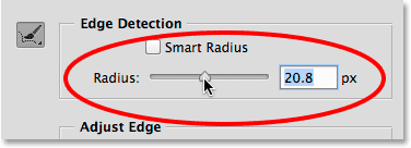 Increasing the Radius value in the Refine Edge dialog box. 