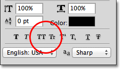 The All Caps and Small Caps options in the Character panel in Photoshop. Image © 2011 Photoshop Essentials.com