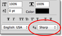 The anti-aliasing option in the Character panel in Photoshop. Image © 2011 Photoshop Essentials.com
