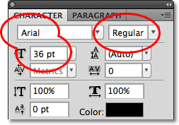 The font family, font style and font size options in the Character panel in Photoshop. Image © 2011 Photoshop Essentials.com