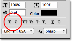 The Faux Bold and Faux Italic options in the Character panel in Photoshop. Image © 2011 Photoshop Essentials.com