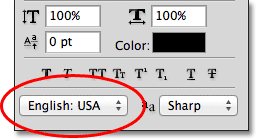 The Language Selection option in the Character panel in Photoshop. Image © 2011 Photoshop Essentials.com
