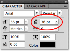 Changing the Leading value to 36 pt in the Character panel. Image © 2011 Photoshop Essentials.com