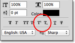 The Superscript and Subscript options in the Character panel in Photoshop. Image © 2011 Photoshop Essentials.com