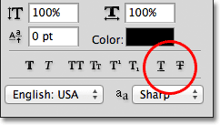 The Underline and Strikethrough options in the Character panel in Photoshop. Image © 2011 Photoshop Essentials.com