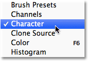Selecting the Character panel from the Window menu in the Menu Bar. Image © 2011 Photoshop Essentials.com