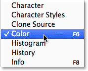 Selecting the Color panel from the Window menu in Photoshop CC 2014. 
