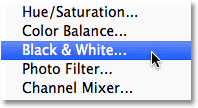 Choosing a Black and White adjustment layer in Photoshop. Image © 2012 Photoshop Essentials.com