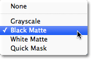 Choosing Black Matte from the Selection Preview option at the bottom of the Color Range dialog box. Image © 2012 Photoshop Essentials.com