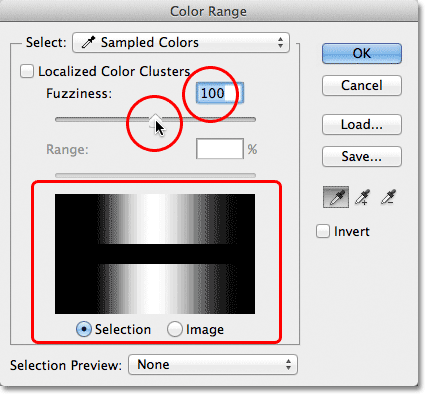 Increasing the Fuzziness value in the Color Range dialog box. Image © 2012 Photoshop Essentials.com