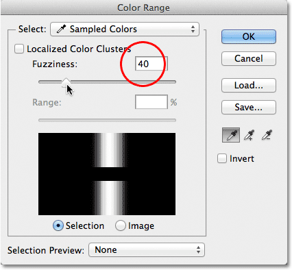 Setting the Fuzziness value in the Color Range dialog box. Image © 2012 Photoshop Essentials.com