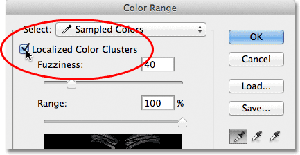 Turning on the Localized Color Clusters option in the Color Range dialog box. Image © 2012 Photoshop Essentials.com