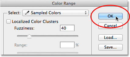 Clicking OK to close out of the Color Range dialog box. Image © 2012 Photoshop Essentials.com