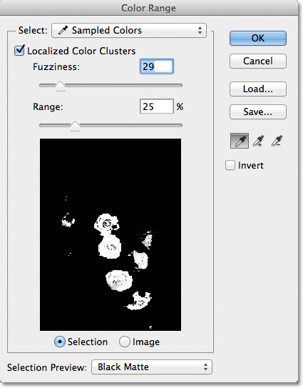 The final settings in the Color Range dialog box. Image © 2012 Photoshop Essentials.com