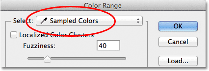 The Select option set to Sampled Colors in the Color Range dialog box. Image © 2012 Photoshop Essentials.com