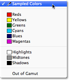 The Select options in the Color Range dialog box. Image © 2012 Photoshop Essentials.com