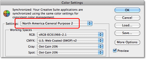 The North America General Purpose 2 settings in the Color Settings dialog box in Photoshop. Image © 2010 Photoshop Essentials.com.