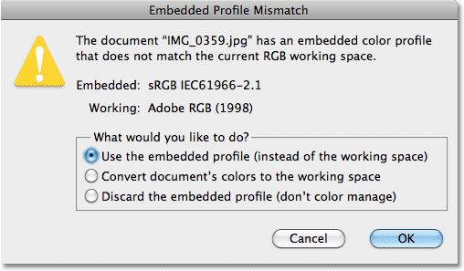The Embedded Profile Mismatch warning box in Photoshop. Image © 2010 Photoshop Essentials.com.