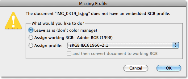 The Missing Profiles dialog box in Photoshop. Image © 2010 Photoshop Essentials.com.
