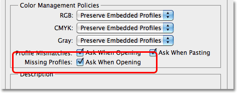 The Missing Profiles options in the Color Management Policies section. Image © 2010 Photoshop Essentials.com.