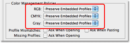 The Color Management Policies in the Color Settings dialog box in Photoshop. Image © 2010 Photoshop Essentials.com.