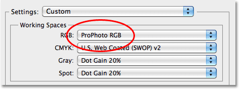 Setting the RGB working space in Photoshop to ProPhoto RGB. Image © 2010 Photoshop Essentials.com.