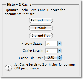 The History and Cache section in the Preferences in Photoshop CS5. Image © 2010 Steve Patterson, Photoshop Essentials.com