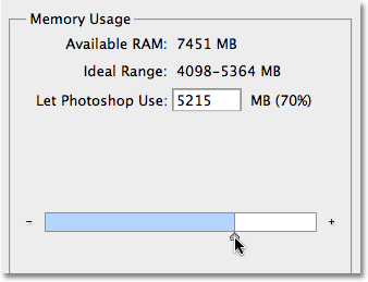 The Memory Usage option in the Preferences in Photoshop CS5. Image © 2010 Steve Patterson, Photoshop Essentials.com