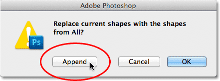 Adding the new custom shapes in with the originals in Photoshop. Image © 2011 Photoshop Essentials.com