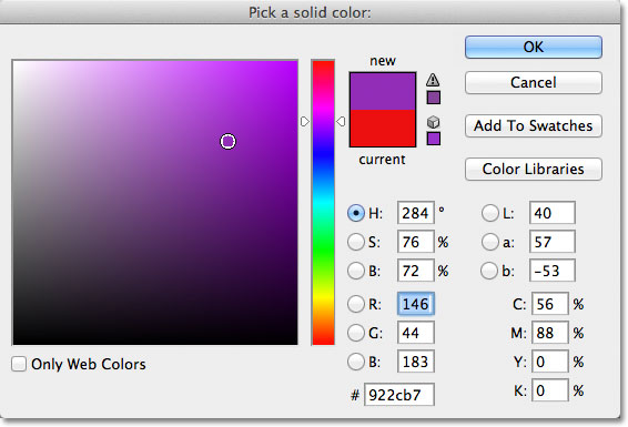 Choosing a new color for the custom shape from the Color Picker in Photoshop. Image © 2011 Photoshop Essentials.com