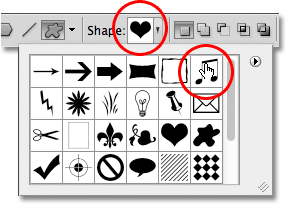 Selecting the custom music notes shape in Photoshop. Image © 2011 Photoshop Essentials.com