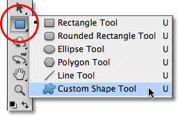 Selecting the Custom Shape Tool from the Tools panel in Photoshop. Image © 2011 Photoshop Essentials.com
