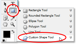 Adobe Photoshop tutorial image: Selecting the Custom Shape Tool from the Tools palette in Photoshop.