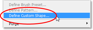 Adobe Photoshop tutorial image: Selecting 'Define Custom Shape' from the 'Edit' menu in Photoshop.