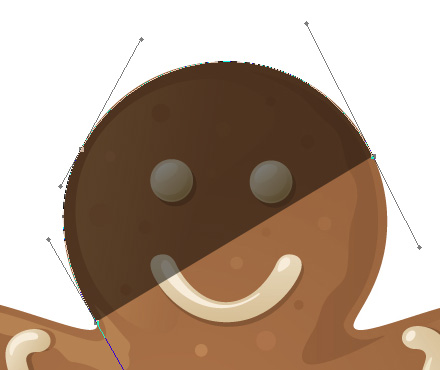 Adobe Photoshop tutorial image: The gingerbread man is now visible through the shape color.