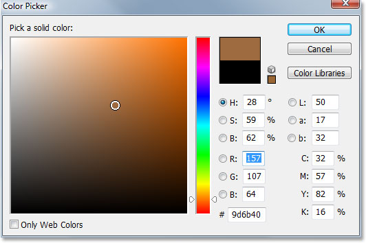 Adobe Photoshop tutorial image: Selecting a brown color from the Color Picker in Photoshop.
