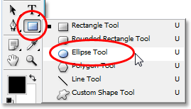 Adobe Photoshop tutorial image: Selecting the Ellipse Tool from the Tools palette in Photoshop.