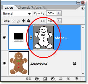 Adobe Photoshop tutorial image: The shape layer thumbnail in the Layers palette in Photoshop showing the details cut out of the initial gingerbread man shape.