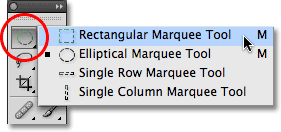 Selecting the Rectangular Marquee Tool in the Tools panel in Photoshop. Image © 2009 Photoshop Essentials.com