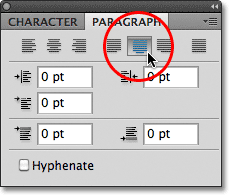 Selecting the Justify Centered option in the Paragraph panel in Photoshop. Image © 2011 Photoshop Essentials.com