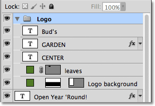The Layers panel displaying the layers that make up the Logo group. Image © 2011 Photoshop Essentials.com