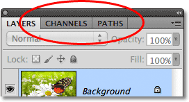The Channels and Paths panels grouped in with the Layers panel. Image © 2011 Photoshop Essentials.com