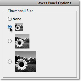 The Thumbnail Size option in the Layers Panel Options dialog box. Image © 2011 Photoshop Essentials.com